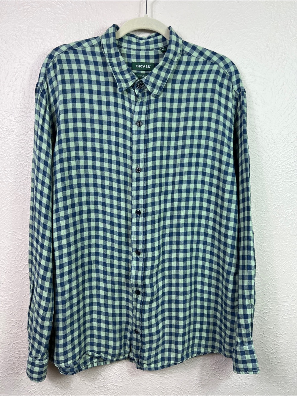 Orvis Active Fit Linen Blend Blue Green Plaid Long Sleeve Shirt XL